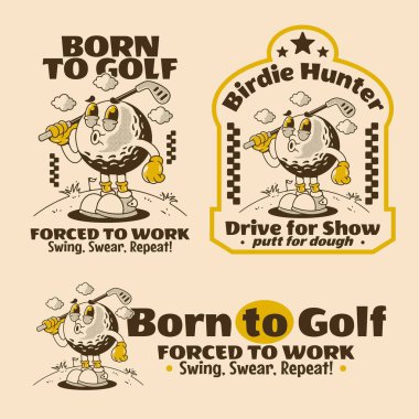 Eski karakterli ve esprili alıntıları olan üç komik golf çizimi.