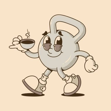 Retro Kettlebell karakteri bir kahve fincanı tutuyor.
