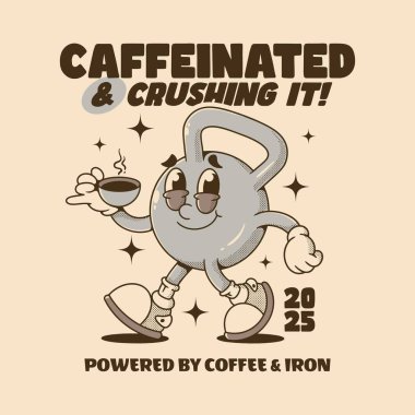 Harika çizgi film kettlebell 'i elinde kahve fincanı tutarken, fitness temalı klasik tasarım aşıkları için..