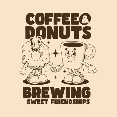 Gülümseyen bir kahve fincanı ve donut karakterinin el ele tutuşmasının hoş bir klasik tasviri.