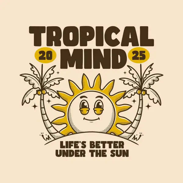 Tropikal Zihin. Neşeli bir güneş ve palmiye ağacı tasarımı günlük plaj kıyafetleri ve yaşam tarzı ürünleri için mükemmeldir.