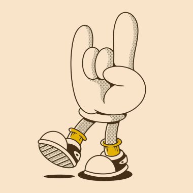 Çizgi film karakteri rock hareketi yapıyor. Renkli ve neşeli bir tavrı var.