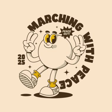 Neşeli geçmişe dönük karakterler barış işaretleri ve neşeli tavırlarla yürüyor.