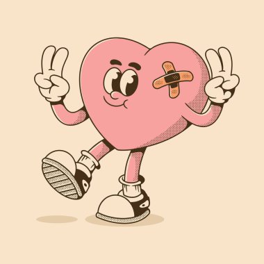 Spor ayakkabıları ve barış parmakları olan neşeli kalp karikatürü, gömlek tasarımı için mükemmel.