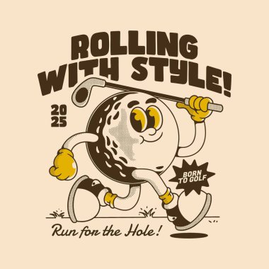 Eski görünümlü neşeli bir golf topu karakteri.