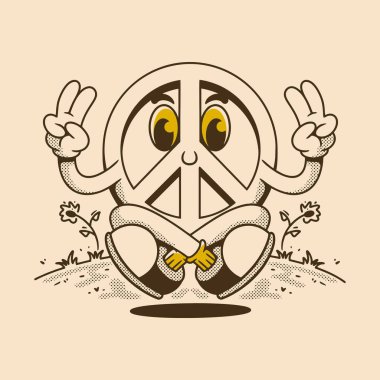 Sevimli barış karakteri dışarıda neşeli ve rahatlatıcı bir çizgi film tarzıyla yan yana oturuyor.