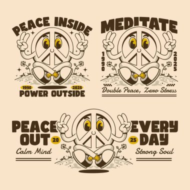 Kaliteli çizgi film tarzıyla sevimli barış sembolü maskotu ve sıcak toprak renklerinde ilham verici mesajlar.