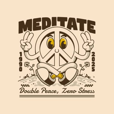 Komik barış karakteri dışarıda meditasyon yapıyor. Sakinleştirici titreşimler ve rahatlatıcı eski moda hislerle.