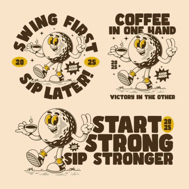 Elinde barış işareti jestleri ve motive edici kahve temalı alıntılar olan bir fincan kahve tutan bir grup klasik golf topu karakteri.
