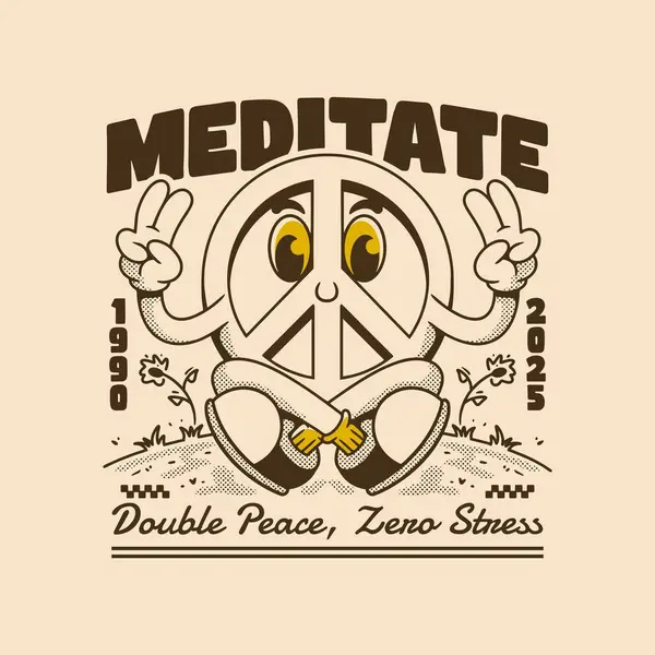 Komik barış karakteri dışarıda meditasyon yapıyor. Sakinleştirici titreşimler ve rahatlatıcı eski moda hislerle.