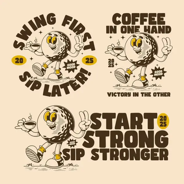 Elinde barış işareti jestleri ve motive edici kahve temalı alıntılar olan bir fincan kahve tutan bir grup klasik golf topu karakteri.