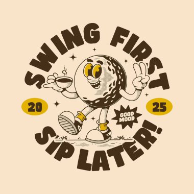 Neşeli kahve seven top karakterli klasik bir golf tasarımı.