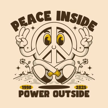 Çifte jestli komik geçmişe dönük barış karakteri rahat ve neşeli bir açık hava havasında meditasyon yapıyor.