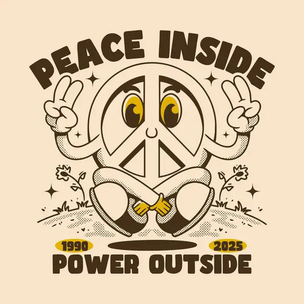 Çifte jestli komik geçmişe dönük barış karakteri rahat ve neşeli bir açık hava havasında meditasyon yapıyor.