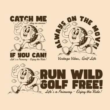 Neşeli alıntılarla hareket eden mutlu bir golf topu maskotunun yer aldığı klasik sanat eserleri.