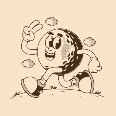 İfade eden yüzü, eldivenleri ve spor ayakkabıları olan, koşan bir golf topunun retro tarzı maskotu.