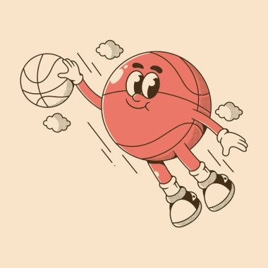 Gülen yüzü, eldivenleri ve spor ayakkabıları olan uçan bir basketbol karakterinin oyuncu çizimi.