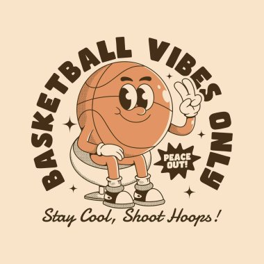 'BASKETBALL VİBELERİ' ve 'Sakin ol, basket at!' yazılı bir metni olan oyuncu çizgi film basketbol karakteri barış işareti yapıyor. Eski bir stilde.