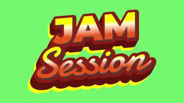 JAM Session kelimelerini içeren hareketli bir metin titreşimli grafik tasarımı kalın, eski tarz tipografi, parlak yeşil bir arkaplana karşı ayarlanmış.