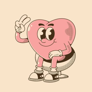 İçinde barış sembolü olan bir kalp karakterinin retro çizimi oturuyor ve gülümsüyor.