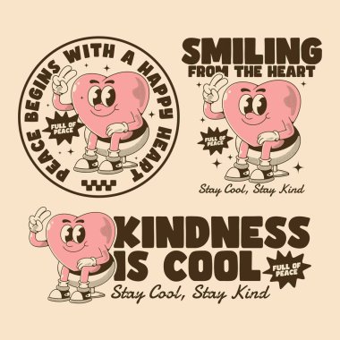 Retro karikatür kalp çiziminin üç versiyonu huzurlu ve neşeli titreşimler yayıyor.