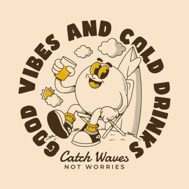 Olumlu hisler ve plaj içkileri temalı yaz karikatürü sanatı