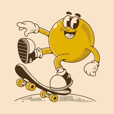 Eski tip yarım ton tarzında kaykay numarası yapan oyuncu retro maskot. Sokak giyimi ve eğlence için mükemmel.