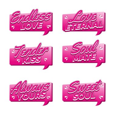 Sevgililer günü hediyeleri ve t-shirt tasarımı için mükemmel tatlı aşk ifadeleri içeren pembe romantik metin tarzı koleksiyonu