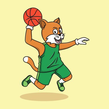 Cartoon cat playing basketball in green uniform on yellow background.