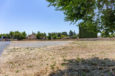 Boş bir tarlanın fotoğrafı, ölü çimenler, ağaçlar ve mavi bir gökyüzü.