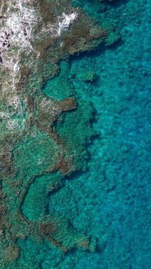 Hawaii 'nin mavi sularının ve Büyük Ada' daki mercan resiflerinin yukarıdan aşağıya havadan çekilmiş bir fotoğrafı. Güzel mavi renkler ve toprak dokusuyla