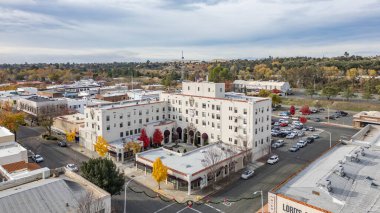 Aerial images of downtown Oroville, California with Oroville Inn and other shopping centers in view. 