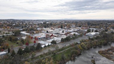 Oroville, California USA, December 3, 2023: Aerial images of downtown Oroville, California with Oroville Inn and other shopping centers in view. 