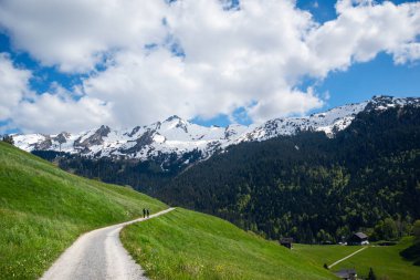 İsviçre Alpleri 'nin sakin manzarasında yeşil çayırlar ve parlak mavi bir gökyüzünün altındaki karla kaplı tepeler arasında dolambaçlı bir patika bulunur. Kartpostallar, seyahat promosyonları ya da doğa fotoğrafçılığı için mükemmel.