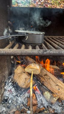 Sıcak bir kamp ateşi, alevlerin üzerinde ekmek kızartılıyor ve metal bir tencere ızgarada kaynar su, açık havada hayatta kalmanın ve basitliğin özünü yakalıyor..