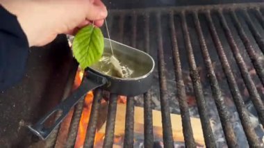 Bir el, doğal yeşil yapraklı çay poşetini ateşin üzerinde kaynayan suya yerleştirirken huzurlu bir orman anı. Doğayla uyum içinde demlenen açık hava çayı..