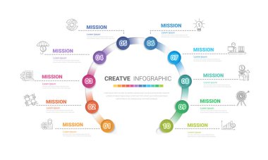 Sunum bilgisi, zaman çizelgesi bilgileri, adımlar veya süreçler için 10 numaralı sunum seçeneği içeren bilgi tasarım şablonu. Vektör illüstrasyonu.