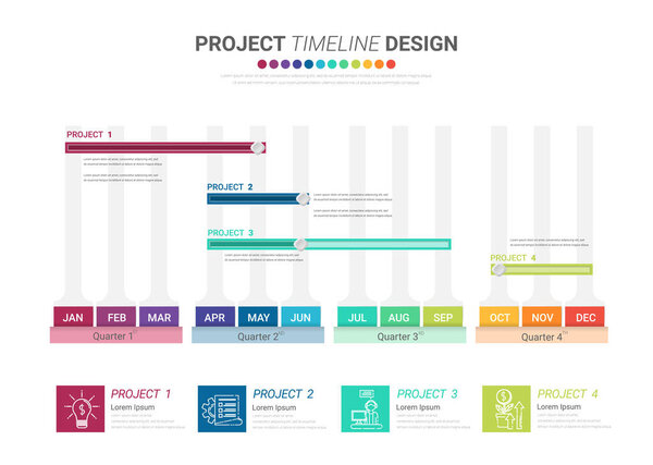 Project time plan business template with 4 project tasks in year or 12 months. Easy to use for your website or presentation.