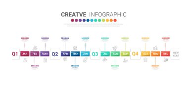 İş için bilgi zaman çizelgesi 12 ay modern zaman çizelgesi çizelgesi, 4 çeyrek adım dönüm noktası sunum vektörü bilgisi.
