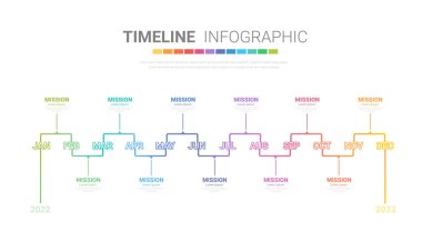 1 yıl, 12 ay için zaman çizelgesi, tüm ay boyunca bilgi grafikleri planlama ve sunum işleri 12 seçenek, adım veya süreçle İş konsepti için kullanılabilir. 