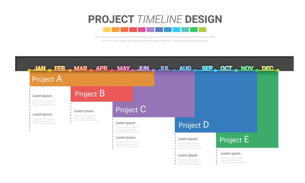 Project time plan business template with 4 project tasks in year or 12 months. Easy to use for your website or presentation. EPS Vector.
