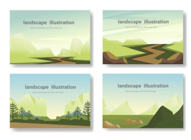 manzara çizimi, dağlı ve göllü güzel doğal tasarım, vektör doğal afişler, minimalist stil.