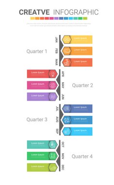 4 çeyrekte 12 ay takvim, iş için Infographic şablonu yıllık rapor, iş akışı, işlem şeması, akış şeması, EPS vektörü için 1 yıl kullanılabilir.