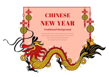 Ejderha bayrağı tasarımı yılı, Çin 'in yeni yıl unsurları Çin Yeni Yıl şenlik tasarımı, kırmızı zemin, vektör ilüstrasyonu.