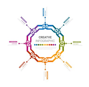 Çember Infographic ince çizgi tasarımı ve 8 seçenek veya adım. İş kavramı için bilgi grafikleri. Sunum afişi, iş akışı düzeni, işlem diyagramı, akış şeması için kullanılabilir. EPS Vektörü.