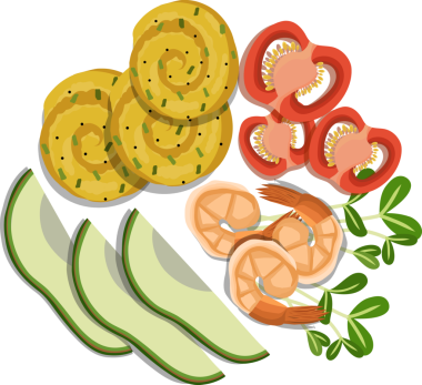 Izgara karides ve avokado salatası ile yumurtalı dürüm, sağlıklı yemek, temiz illüstrasyon..