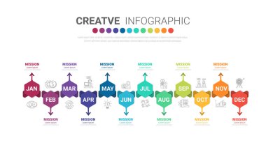 1 yıl, 12 ay için zaman çizelgesi, tüm ay boyunca bilgi grafikleri planlama ve sunum işleri iş akışı, işlem şeması, akış şeması için kullanılabilir. EPS vektörü.