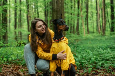 Genç bir kadın ormanda doberman köpeğiyle yürüyor. Açık havada oynayan sarı yağmurluk giyen kız ve köpek. İnsan ve köpek arkadaşlık kavramı