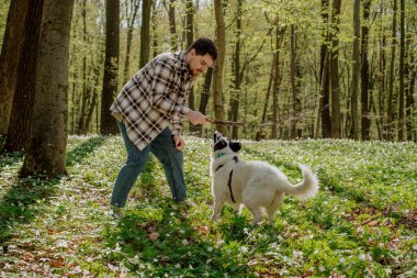 Genç ve neşeli erkek, kurtarma köpeğiyle ormanda oynuyor.