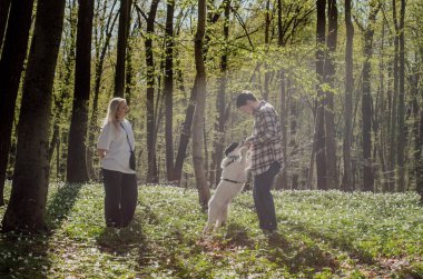 Genç ve neşeli bir çift ormanda melez köpekleriyle oynuyorlar.